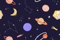 Seamless pattern of planet, star, moon, asteroid, constellation. Background of cartoon abstract cosmic objects in outer