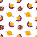 Seamless pattern, planets, moon and sun in boho style on a white background. Violet yellow design. Print, textile Royalty Free Stock Photo