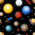 Seamless pattern with planets and rockets Royalty Free Stock Photo