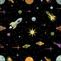 Seamless pattern with planets rockets and stars