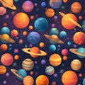Seamless pattern with planets and stars in space. Vector illustration