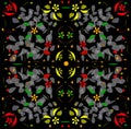 Illustration of a brightly colored floral pattern on a black background.