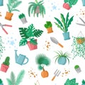 Seamless pattern with plants and garden tools, home plant repeated ornament, decoration for plant and gardening lover