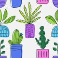 Seamless pattern plants in pots. Ideal for branding, printing fashionable fabrics and advertising products. Hand-drawn Royalty Free Stock Photo