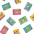 Seamless pattern with plastic cassette, music audio tape. Doodle vector colorful background, retro style.