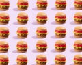 Seamless pattern of plastic childrens toy burger with salad, tomato, meat.