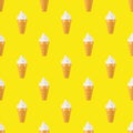 Seamless pattern of a plastic ice-cream. Plastic fast food on yellow background. Concept of harmful artificial food. Food pattern
