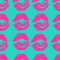 Seamless pattern of plastic pink lipstick prints imprints on turquoise background