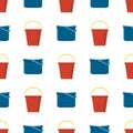 Seamless pattern with plastic red and blue bucket empty or with water on white background. Cartoon style. Vector illustration for Royalty Free Stock Photo