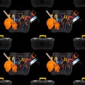 Seamless pattern of plastic tool box with an orange construction protective helmet and various hand tools isolated on a black back Royalty Free Stock Photo