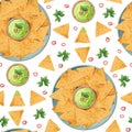 Seamless pattern with a plate of nachos and guacamole sauce on a white background. Traditional Mexican food. Corn chips Royalty Free Stock Photo