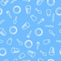 Seamless pattern. Plates, glasses and cutlery on a light blue background.