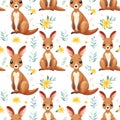 A seamless pattern, playful and adorable kangaroos surrounded by flowers and leaves, the kangaroos are depicted in
