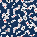 Seamless pattern of playing cards falling in various positions, diamonds spades hearts aces flat vector illustration Royalty Free Stock Photo