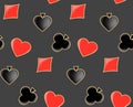 Seamless pattern with playing cards signs: hearts, tambourine of spades and clubs Royalty Free Stock Photo