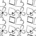 Seamless pattern playing cards suit Bubi, hearts, crosses, blame