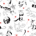 Seamless pattern with playing cats of different breeds and skeins of yarn. Cat in the style doodle cartoon. Vector