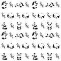 Seamless pattern with playing pandas and bamboo.