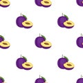 Seamless pattern with plum, whole fruit and cut half. Vector illustration