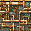 Seamless pattern with plumbing pipes and valves. Repetitive industrial background. Generative AI
