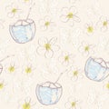 Seamless pattern with plumeria flowers butterflies coconut, straw. Sketch, contour blue gray beige yellow background. simple