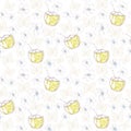 Seamless pattern with plumeria flowers butterflies coconut, straw. Sketch, contour blue gray beige yellow background. simple