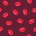 Seamless pattern with plump women`s lips on dark background. Backdrop with smiling female mouths. Texture with symbols