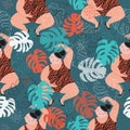 Seamless pattern with plump young woman and tropical leaves.Vector illustration