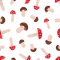 Seamless pattern with poisonous and edible mushrooms. Repeatable background with fly agaric and boletus. Colorful