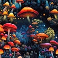 seamless pattern with poisonous hallucinogenic mushrooms fly agarics amanita toadstool on multicolored neon psychedelic