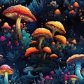 seamless pattern with poisonous hallucinogenic mushrooms fly agarics amanita toadstool on multicolored neon psychedelic