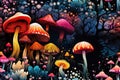 seamless pattern with poisonous hallucinogenic mushrooms fly agarics amanita toadstool on multicolored neon psychedelic