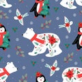 Seamless pattern with with polar bear, bird, penguin