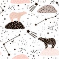 Seamless pattern with polar bears silhouette and Constellations . Perfect for fabric,textile.Vector background.