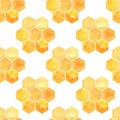 Seamless pattern with poligonal honeycombs, Watercolor textures, golden colors