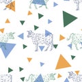 Seamless pattern with polygonal images of cows and triangles