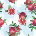 Seamless pattern of pomegranate fruit on a watercolor background 3. Watercolor painting