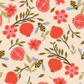 Seamless pattern with pomegranates, flowers and wasps. Vector graphics