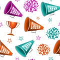 Seamless pattern with pompoms, cup, stars and megaphones Royalty Free Stock Photo