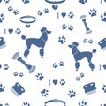 Seamless pattern with poodle silhouette, comb, collar, dog track