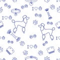 Seamless pattern with poodle silhouette, comb, collar, dog track