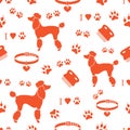 Seamless pattern with poodle silhouette, comb, collar, dog track