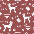 Seamless pattern with poodle silhouette, comb, collar, dog track