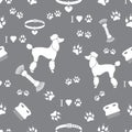 Seamless pattern with poodle silhouette, comb, collar, dog track