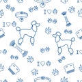 Seamless pattern with poodle silhouette, comb, collar, dog track