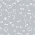 Seamless pattern with poodle silhouette, comb, collar, dog track