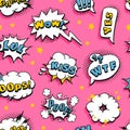 Seamless Pattern with Pop art speech bubble and text. Cartoon style vector collection of frames and Words. Comic illustration on Royalty Free Stock Photo