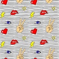 Seamless pattern with pop art stickers with lips, hand, eye, heart, lightning.