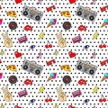 Seamless pattern with pop art stickers with lips, hand, eye, tape recorder, cassette, vinyl record, heart, lightning on dotted tex