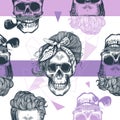 Seamless pattern in pop art style with skeleton womens heads, fashion scarf and hairstyle, against triangle and purple